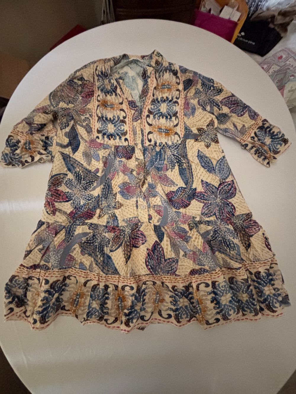 Made in Italy Bohemian Floral Tiered Mini Dress in Cream, Blue & Pink Women’s M - Picture 6 of 13